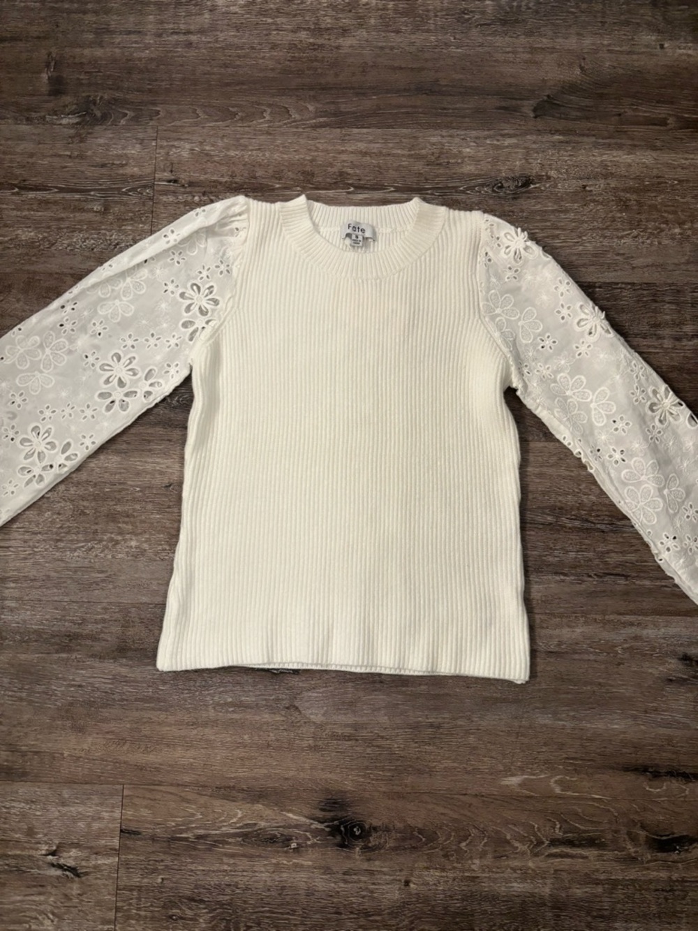 Fate White Ribbed Sweater with Eyelet Lace Sleeves